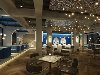 Modern Bar Interior Design With Chandelier Lighting Marble Tables And Metal Chairs 3d model