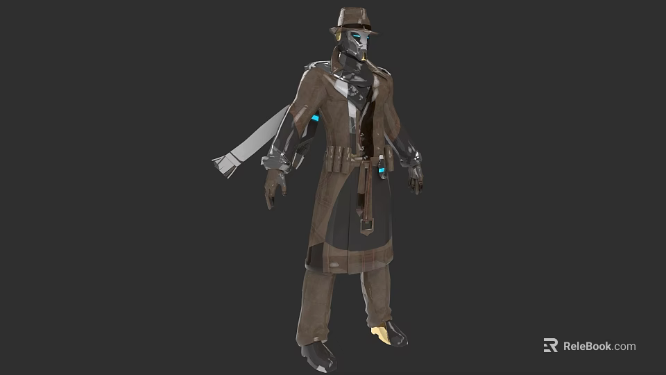 Brown Long Coat with Mechanical Details and Glowing Blue Accents 3d model 