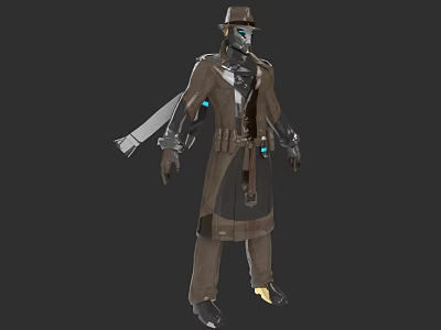 Brown Long Coat with Mechanical Details and Glowing Blue Accents 3d model