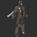 Brown Long Coat with Mechanical Details and Glowing Blue Accents