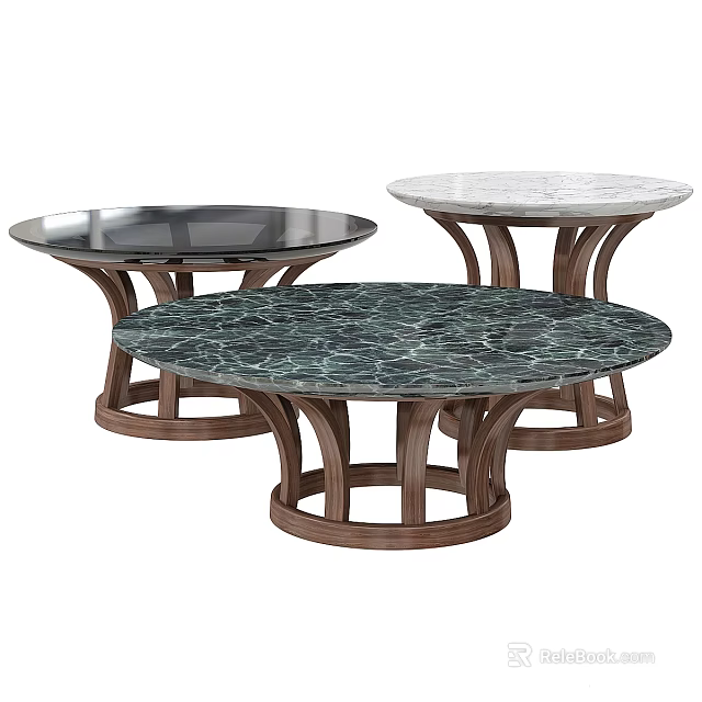 Round Dining Tables With Marble Tops And Wooden Crossed Bases Design 3d model 