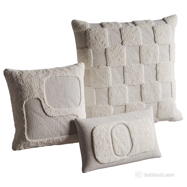 Soft Plush Beige Decorative Pillows with Patchwork Design for Sofa Decor 3d model 