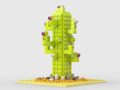 Green Cactus Shaped Building Blocks With Branches Pink Details Yellow Base And Small Decorative Elements 3d model