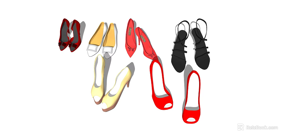 Fashionable Women's Shoes Collection Featuring Red Heels Yellow Pumps And Black Sandals 3d model 