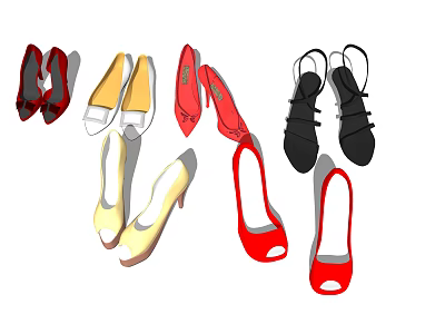 Fashionable Women's Shoes Collection Featuring Red Heels Yellow Pumps And Black Sandals 3d model