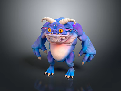 Game Movie Character With Blue Purple Skin Curved Horns Big Yellow Eyes Round Belly And Sharp Claws 3d model