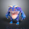 Game Movie Character With Blue Purple Skin Curved Horns Big Yellow Eyes Round Belly And Sharp Claws