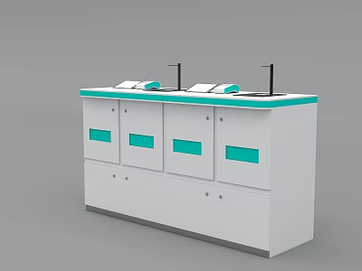 Modern Reception Desk White With Turquoise Accents And Black Monitor Stands Storage Drawers 3d model