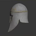 Ancient Medieval Weapon Silver Helmet With Golden Ornate Engravings And Metallic Finish