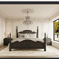 Classic Bedroom Interior With Black Four Poster Bed Crystal Chandelier Decorative Paneling And Window Greenery