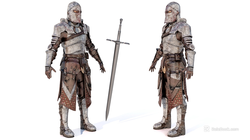 Two Game and Movie Characters Wearing Detailed Medieval Armor Standing With Sword 3d model 