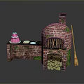 Brick Oven Scene With Counter Pink Cake White Plates Wood Logs Broom And Green Moss