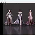Women Standing In Different Style Silver Pink Long Dresses With Slits On Reflective Grey Floor