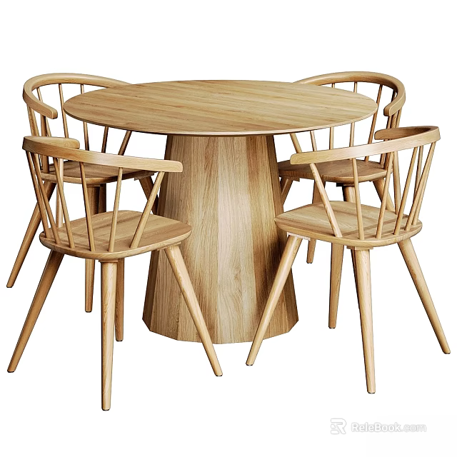 Modern Wooden Round Dining Table With Four Slat Back Chairs Set 3d model