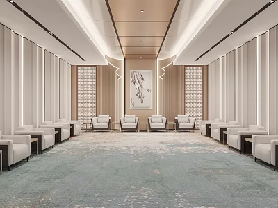 Modern Hotel Public Lounge Interior With Comfortable Seating Spacious Area Rug And Elegant Wall Decor 3d model