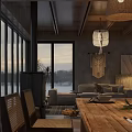 Modern Cozy Living Dining Room With Large Panoramic Lake View Windows Comfortable Furniture And Fireplace
