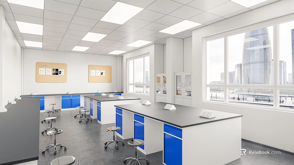 Modern Laboratory Interior Featuring White Blue Lab Benches Stools Large Windows Ceiling Lights Bulletin Boards 3d model 