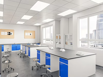 Modern Laboratory Interior Featuring White Blue Lab Benches Stools Large Windows Ceiling Lights Bulletin Boards 3d model