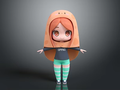 Game Movie Character Chibi Style With Orange Hair Bread Shaped Hat And Green Striped Socks 3d model