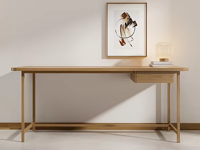 Minimalist Modern Wooden Desk With Abstract Painting Table Lamp And Books On White Wall 3d model