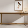 Minimalist Modern Wooden Desk With Abstract Painting Table Lamp And Books On White Wall
