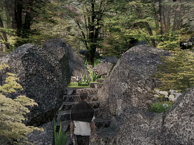 Natural Garden Landscape With Large Rocks Stone Steps And Lush Green Trees 3d model