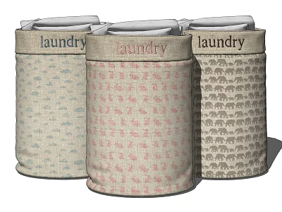 Three Laundry Baskets with Different Patterns and Laundry Labels in Various Colors 3d model