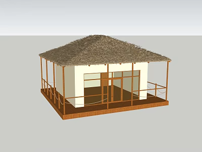 Simple Wooden House With Thatched Roof And Wooden Railings On Platform 3d model