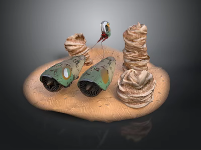 Textured Sandy Surface With Green Hollow Devices And Red White Accent 3d model