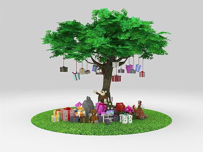 Green Tree With Hanging Gift Boxes And Gifts Surrounded By Small Deer On Grass 3d model