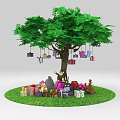 Green Tree With Hanging Gift Boxes And Gifts Surrounded By Small Deer On Grass