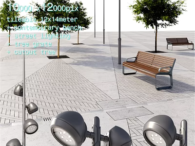 Outdoor Tile Floor Design With Street Lighting Bench Tree Grate And Trees 3d model
