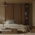 Modern Living Room Interior With Beige Sofa Wooden Shelves Coffee Table And Ceiling Fan