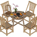 Wooden Frame Rattan Round Table and Chair Set with Backrest Flower Vase and Fruits