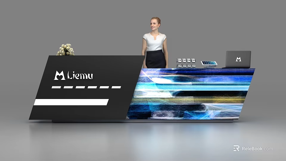 Modern Reception Desk With Black Colorful Panels Viemu Logo Flower Arrangement And Woman Standing 3d model 