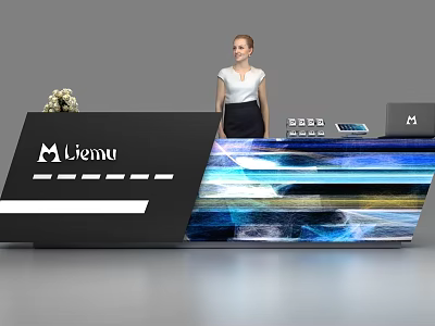 Modern Reception Desk With Black Colorful Panels Viemu Logo Flower Arrangement And Woman Standing 3d model