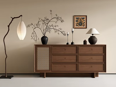 Wooden Entryway Side Cabinet With Drawers Decorative Vases Lamps And Wall Art 3d model