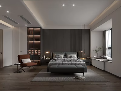 Modern Bedroom Interior With Gray Bedding Brown Chair Bedside Tables And Lit Shelves 3d model