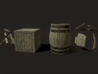 Rustic Vintage Decorative Ornament Combination With Wooden Crate Barrel And Chair Pieces 3d model
