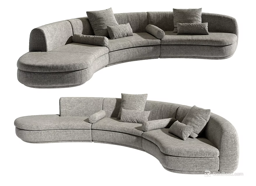 Modern Gray Curved Sectional Sofa with Upholstered Design and Decorative Pillows 3d model
