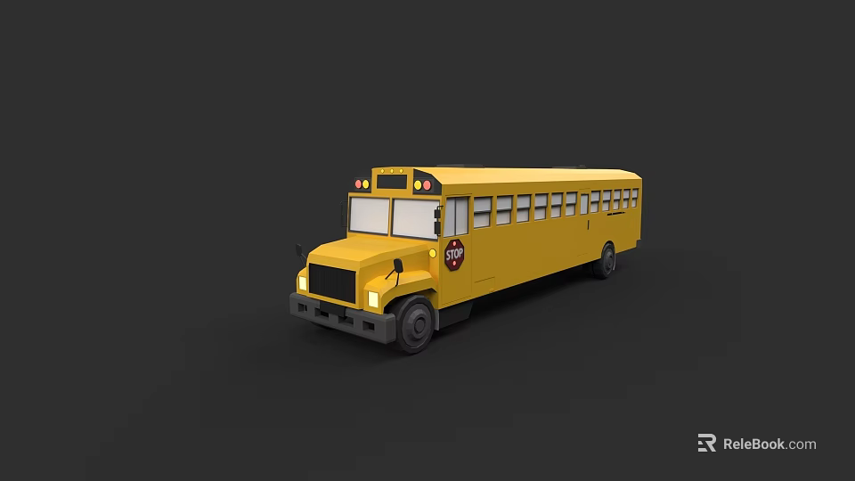 Yellow School Bus Exterior Design With Stop Sign Lights And Windows 3d model 