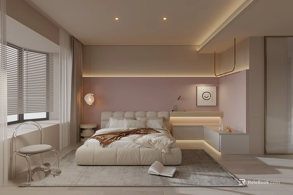 Cozy Modern Bedroom Interior With White Bed LED Lighting Nightstand Table Lamp Blinds And Rug 3d model 