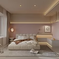 Cozy Modern Bedroom Interior With White Bed LED Lighting Nightstand Table Lamp Blinds And Rug
