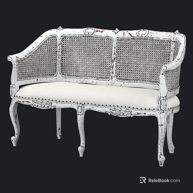 Two Seater Sofa with White Distressed Frame Carved Details Rattan Backrest and Light Colored Cushion 3d model 