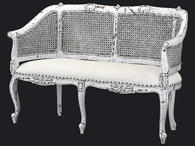 Two Seater Sofa with White Distressed Frame Carved Details Rattan Backrest and Light Colored Cushion 3d model