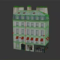 Light Pink Multi Storey Residential Building With Blue Roof Red Awnings And Ground Floor Shops