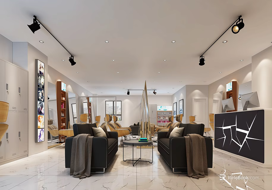 Modern Beauty Salon Interior With Black Sofas Coffee Table Track Lights Mirrors And Wall Decorations 3d model 