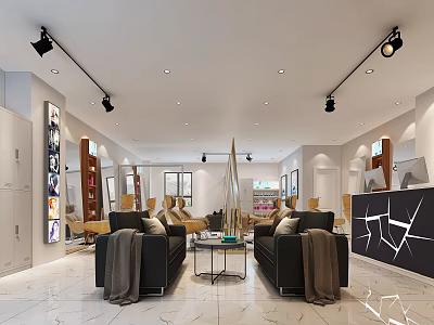 Modern Beauty Salon Interior With Black Sofas Coffee Table Track Lights Mirrors And Wall Decorations 3d model