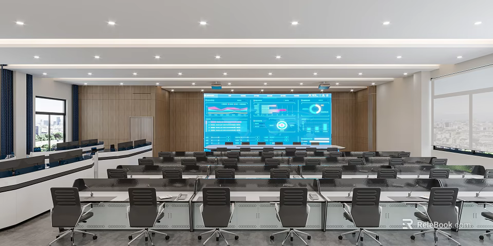 Modern Conference Room Interior With Large Digital Screen And Arranged Tables 3d model