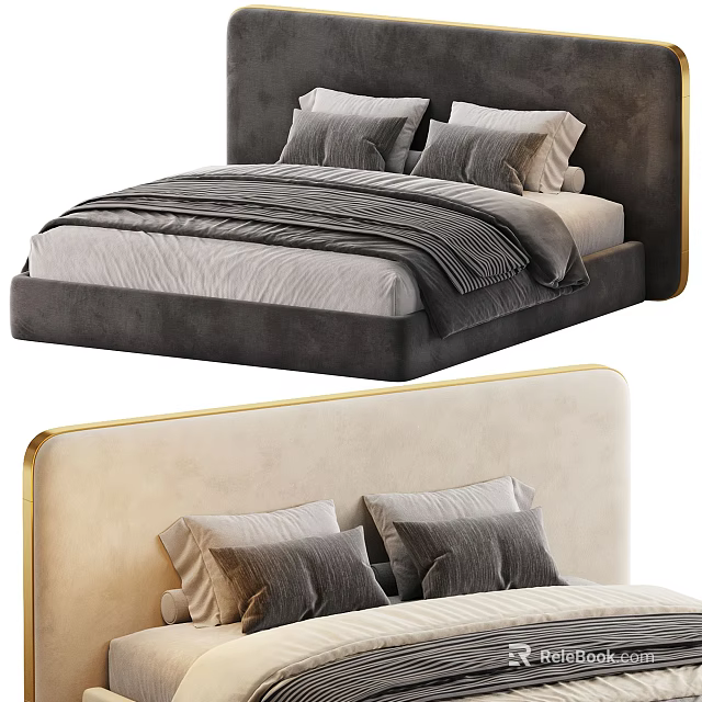 Elegant Modern Double Bed Interior With Light Dark Headboards Golden Trim And Plush Pillows 3d model 